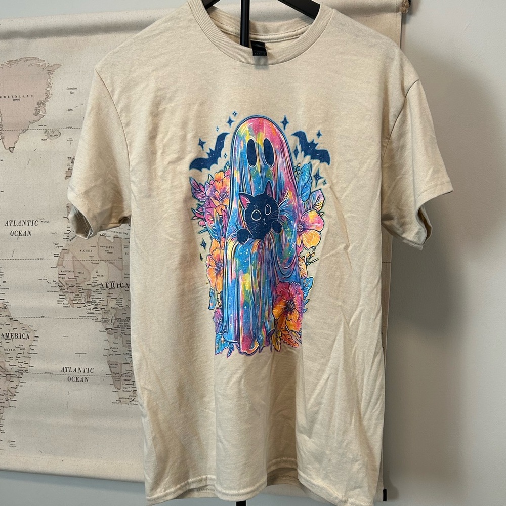 Ghost with Cat T-Shirt Medium | Purrfectly Bewitched Collection | Spooky Cute
